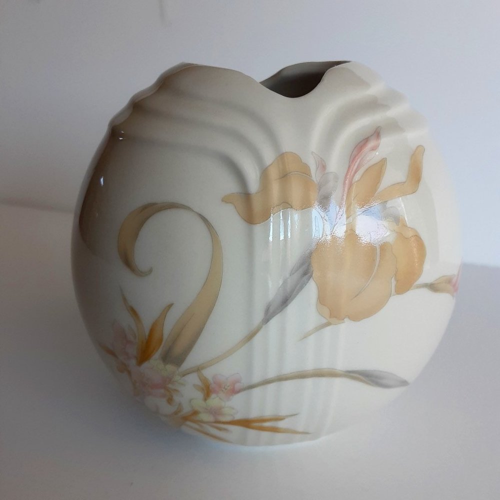 French Orchid TOYO Japan 4.75" Vase Yellow Pink Gray Floral Art Deco Vtg